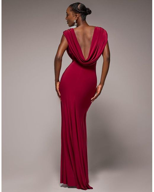 Goddiva Red Cowl Plunge Draped Mermaid Maxi Dress