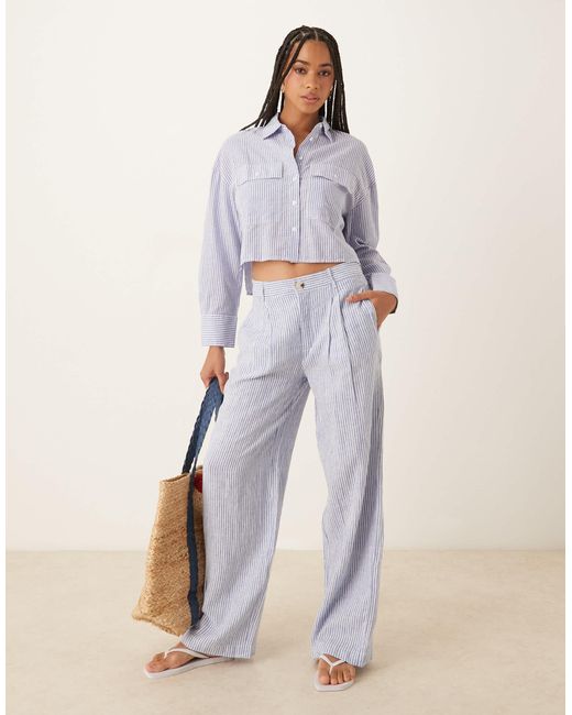 Mango White Linen Mix Stripe Elasticated Waist Trouser Co-ord