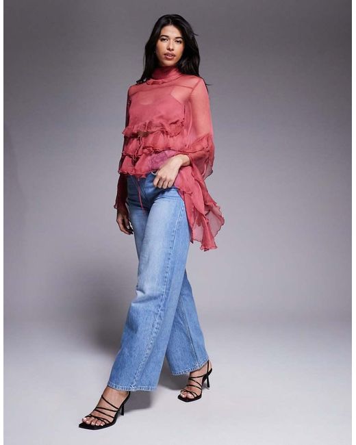 Bardot Red Anyssa Sheer Chiffon Ruffle Detail Bell Sleeve Cutout Blouse