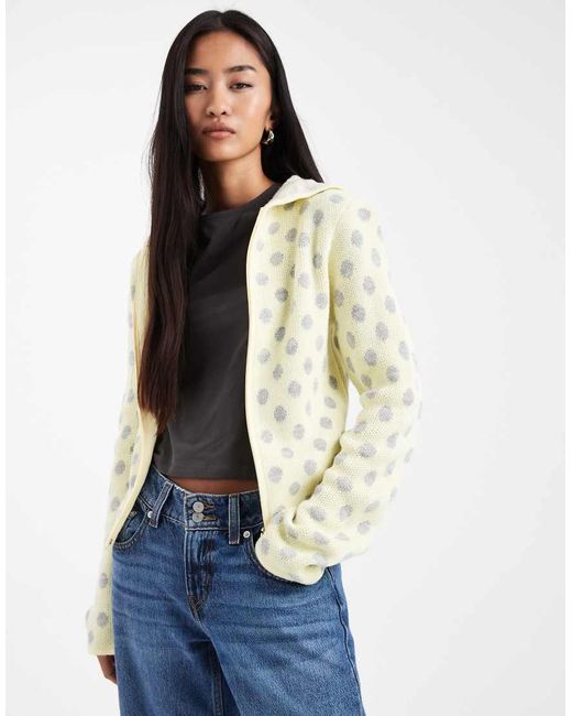 Collusion Blue Polka Dot Zip Through Shrunken Knitted Hoodie