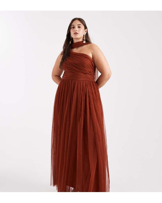 Lace & Beads Plus Red Bridesmaid One Shoulder Scarf Neck Maxi Dress