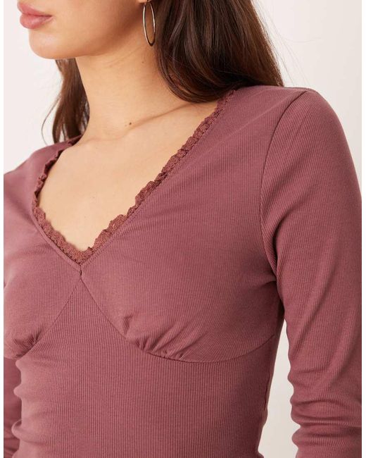 ASOS Red Lace Detail V-neck Long Sleeve Tee