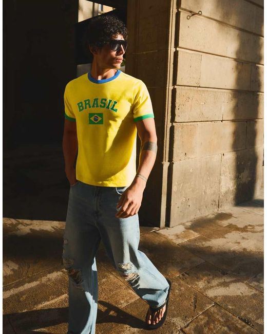 Bershka Yellow Slim Fit Brazil Print T-shirt for men