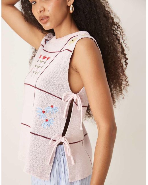 ASOS Brown Crew Neck Knit Tabard Singlet With Floral Embroidery
