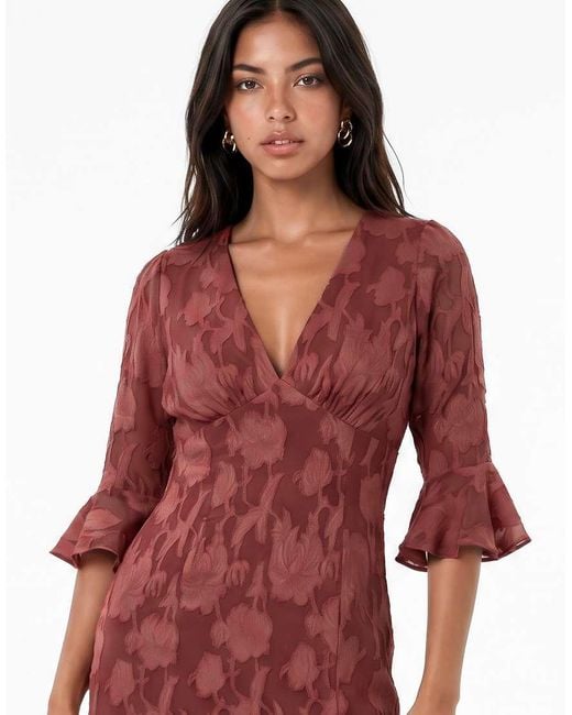 ANAYA Red 3/4 Fluted Sleeves Maxi Dress
