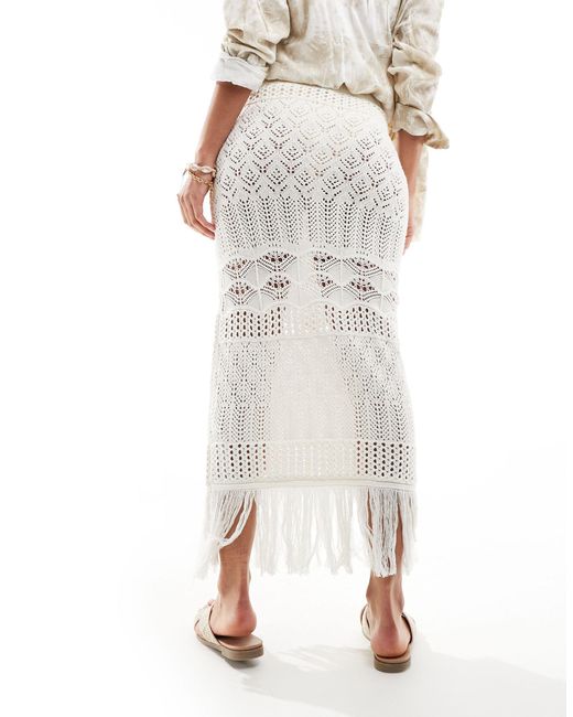 Miss Selfridge White Beach Crochet Fringe Detail Maxi Skirt