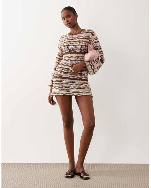 Kiwi & Co Natural Walking On Sunshine Crochet Flare Sleeve Mini Beach Dress