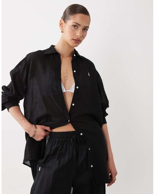 Polo Ralph Lauren Black Oversized Cotton Linen Boyfriend Shirt