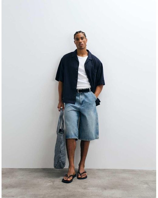 ASOS Blue Co-Ord Boxy Oversized Revere Linen Blend Shirt for men