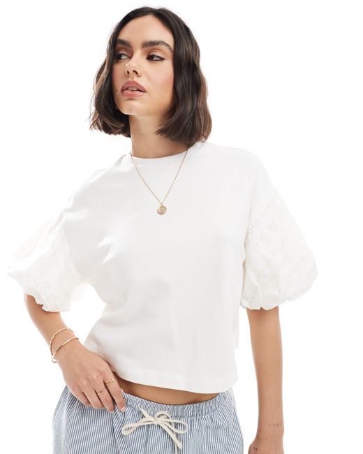 Miss Selfridge White Broderie Puff Sleeve T-shirt