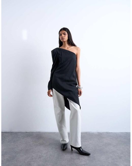 TOPSHOP Gray Cupro Asymmetric Top With Shoulder Pads