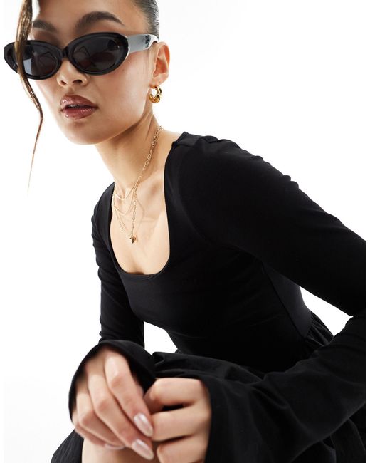 ASOS Black Square Neck Long Sleeve Midi Dress With Bubble Hem