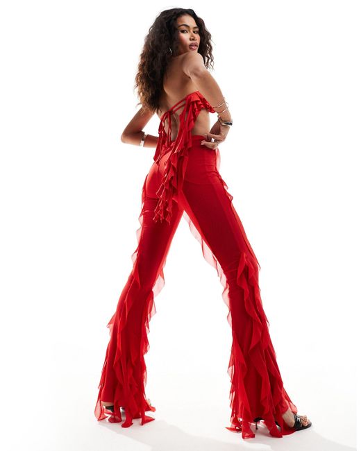 The Kript Red Low Rise Flare Frill Trousers Co-ord
