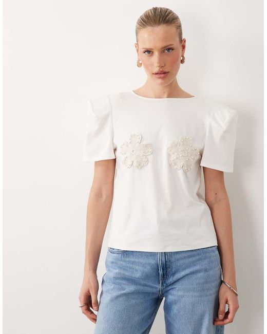 ASOS White Crochet Embellished Flower T-shirt