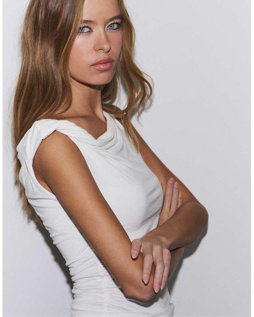 Stradivarius White Asymmetric Gathered T-Shirt