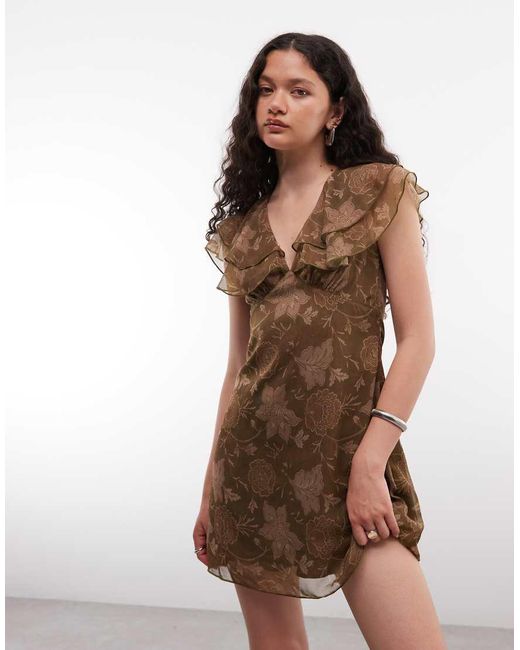 Reclaimed Vintage Brown Chiffon Mini Tea Dress With Flutter Sleeve