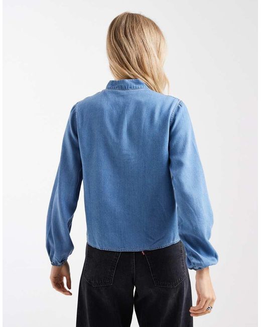 Mango Blue Teen Tie Neck Long Sleeve Denim Blouse