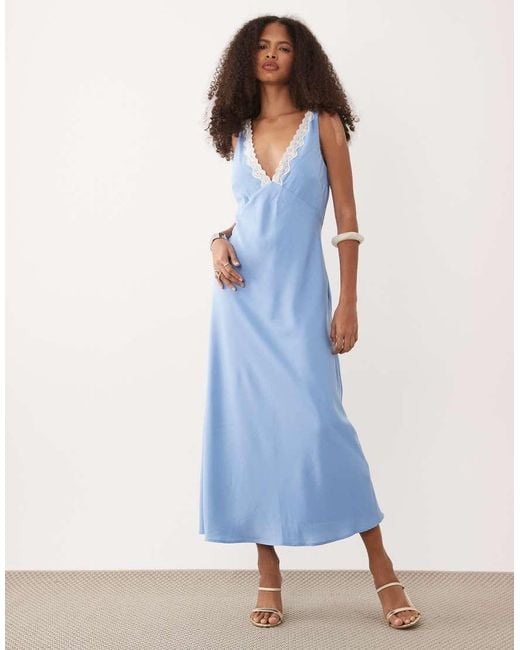 Abercrombie & Fitch Blue V Neck Slip Lace Trim Maxi Dress