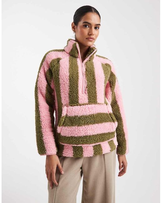 Threadbare Gestreepte Loungefleece Met Korte Rits in het Pink