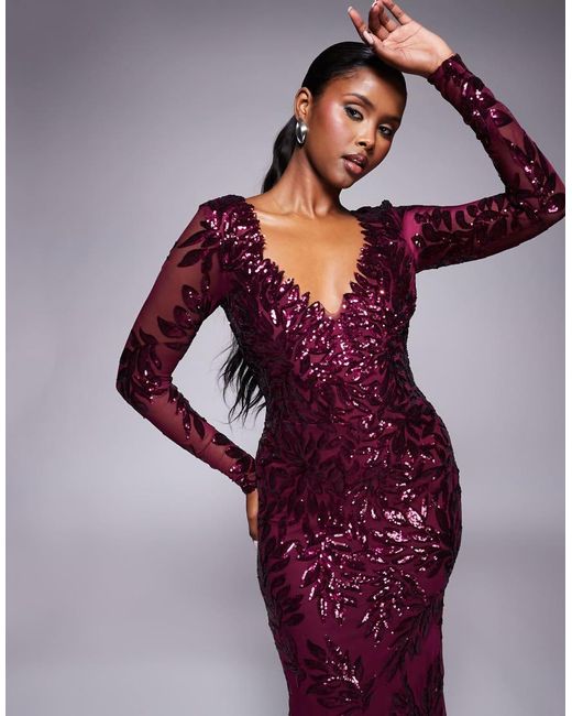 Goddiva Purple Long Sleeve Sequin Leaf Long Sleeve Maxi Dress