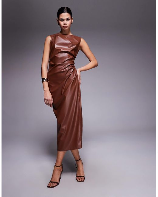 ASOS Purple Sleeveless Ruched Leather Look Midi Dress