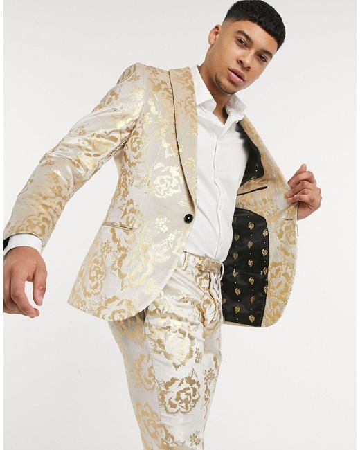 Twisted Tailor White Suit Jacket With Gold Floral Flock for men