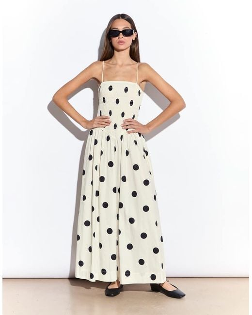 NARRATED White Shirred Dropped Waist Midi Dress