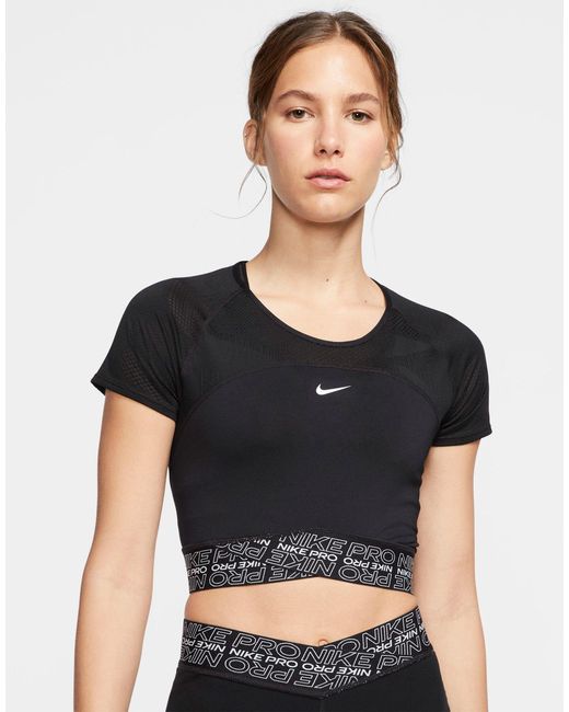 Nike Black Nike Pro Training Cropped T-shirt With Mesh Inserts