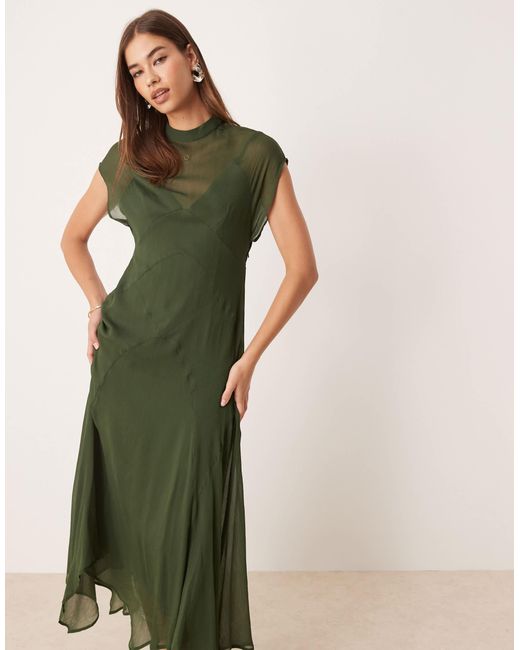 Robe longue en mousseline avec col montant et ourlet en pointe - mousse foncé ASOS en coloris Green