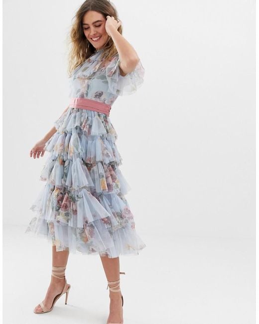 Needle & Thread Tulle Tiered Floral Midi Dress With Waistband In Dusk Blue