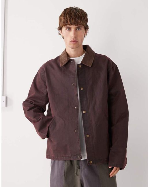 Reclaimed Vintage Brown Wax Jacket With Contrast Corduroy Collar for men
