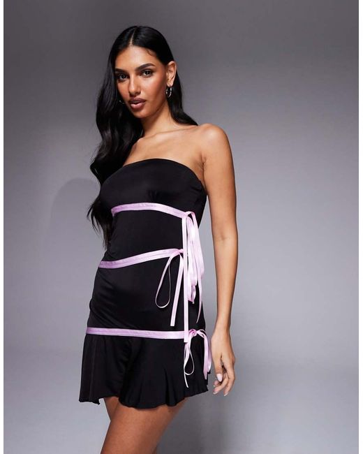 I.AM.GIA Gray Arly Slinky Bandeau Contrast Satin Ribbon Trim Asymmetric Hem Mini Dress