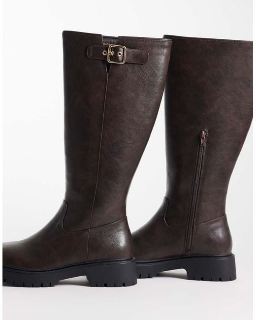 London Rebel Black Trista Chunky Knee Boots With Buckle Details