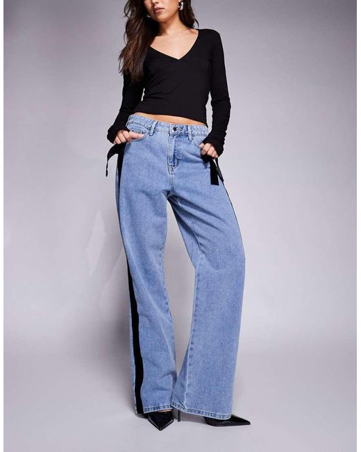 River Island Blue Relaxed Straight Leg Jeans With Velvet Bow Detailing