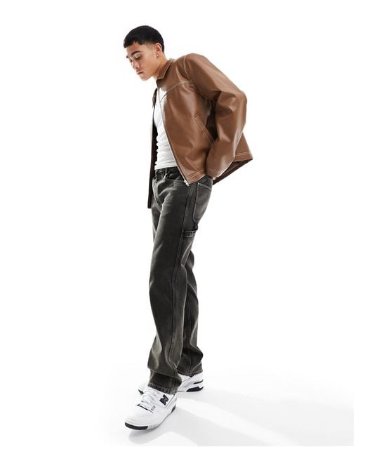 ASOS Oversized Faux Leather Harrington Jacket in Brown for Men Lyst