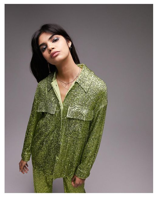 TOPSHOP Tailored Co-ord Mini Sequin Shacket in Green | Lyst