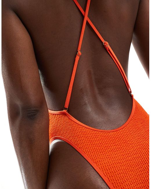 Free Society Orange Low Back Shiny Crinkle Swimsuit