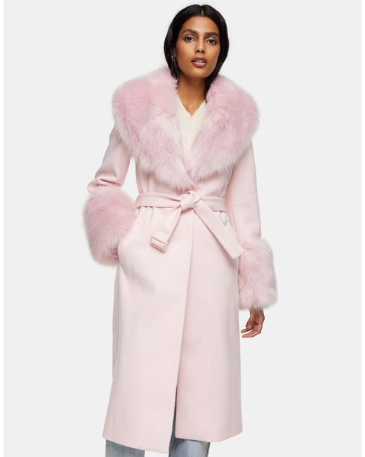 TOPSHOP Faux Fur Trim Coat in Pink | Lyst UK