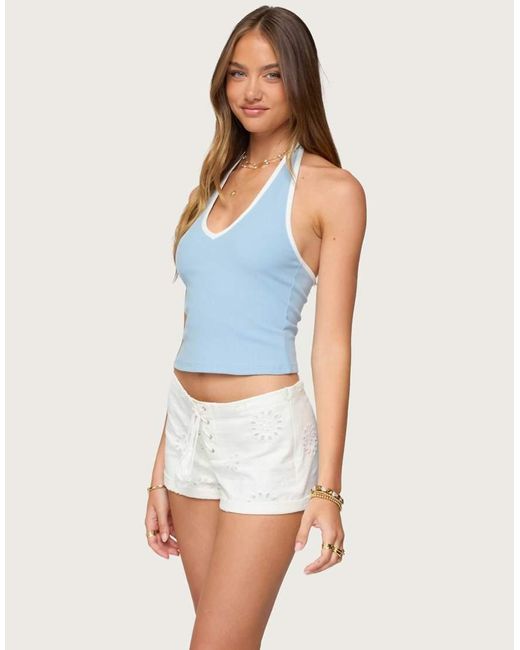 Edikted Blue Contrast Ribbed V Neck Halter Top