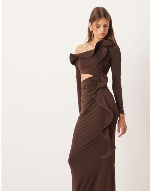 ASOS Natural Long Sleeve Structured Ruffle Midi Dress With Cut Out Detail