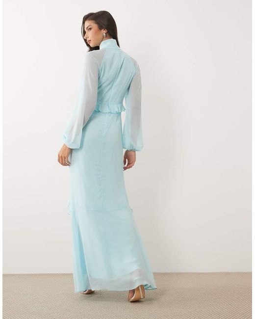 DASKA Blue Chiffon Tiered Frill High Neck Maxi Dress