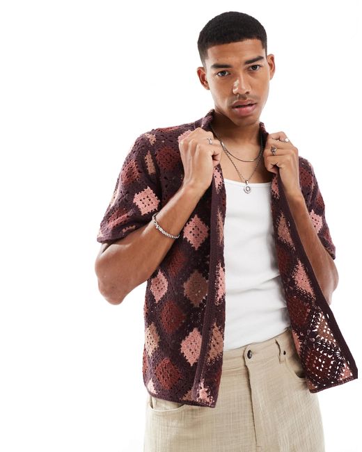 Abercrombie & Fitch Brown Pattern Crochet Knit Button Up Polo for men