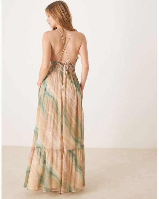 ASOS Natural Ruched Bust Cami Maxi Dress With Lattice Waist Detail