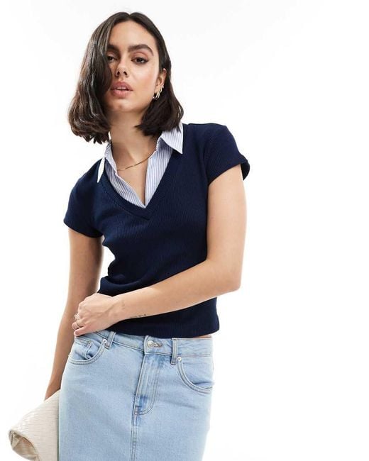 Stradivarius Blue Collar Detail Layered T-Shirt