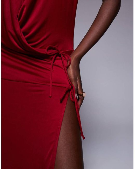 Tiger Mist Red Tarrin Metal Halterneck Ring Detail Extreme Plunge Neck Tie Side Maxi Dress