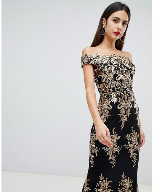 Goddiva Blue Off Shoulder Bardot Placement Lace Maxi Dress In Black And Gold