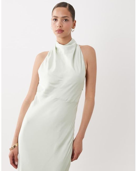 SNDY'S White Satin High Neck Open Back Twist Detail Maxi Dress