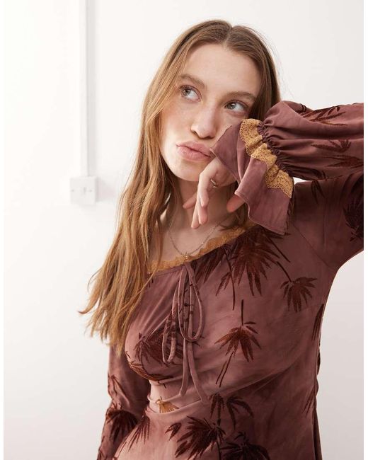 The Kript Brown Boho Off Shoulder Mini Dress With Lace Detailing