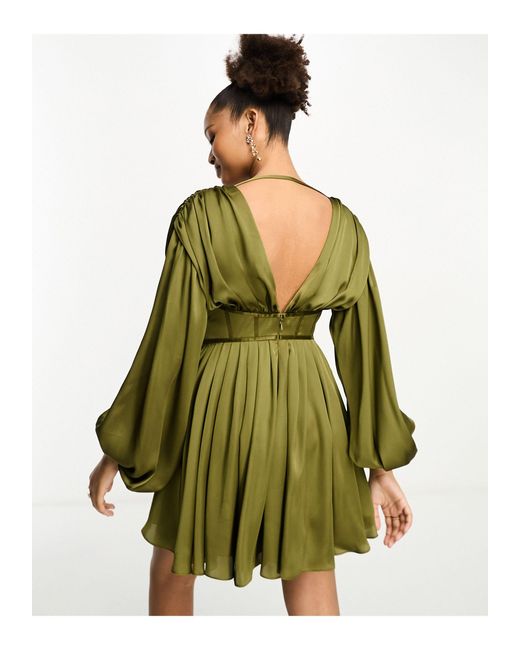 ASOS Long Sleeve Satin Corset Mini Dress With Skater Skirt in