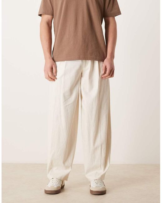 ASOS Natural Smart Pleated Linen Blend Barrel Trousers for men